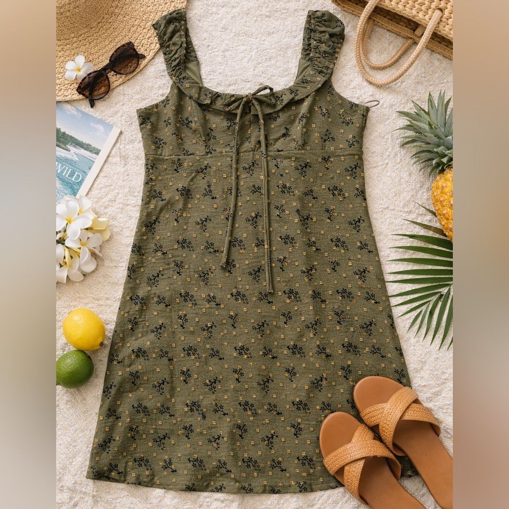 Kirious Mini Dress L Olive Green Floral Ruffle Strap Tie Front Boho Cottagecore